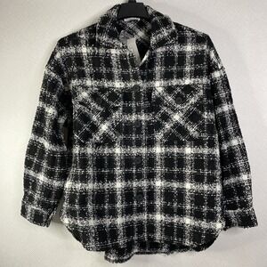 TIMING Shirt Jacket Womens Black/White Sz M Plaid Shacket Wool Flannel Style NWT